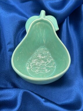 Red Wing Pear-Shaped Pottery Dish in a Mottled Seafoam Green Glaze.